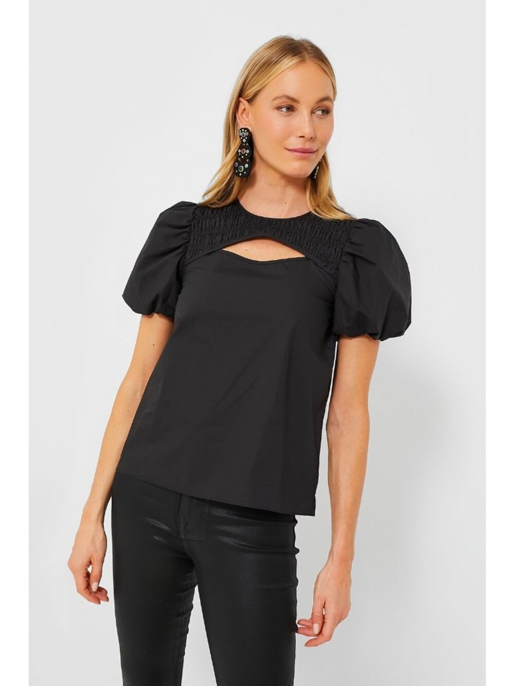 Hyacinth House by Tuckernuck Black Keyhole Birdie Blouse sz S Puff Sleeve Top